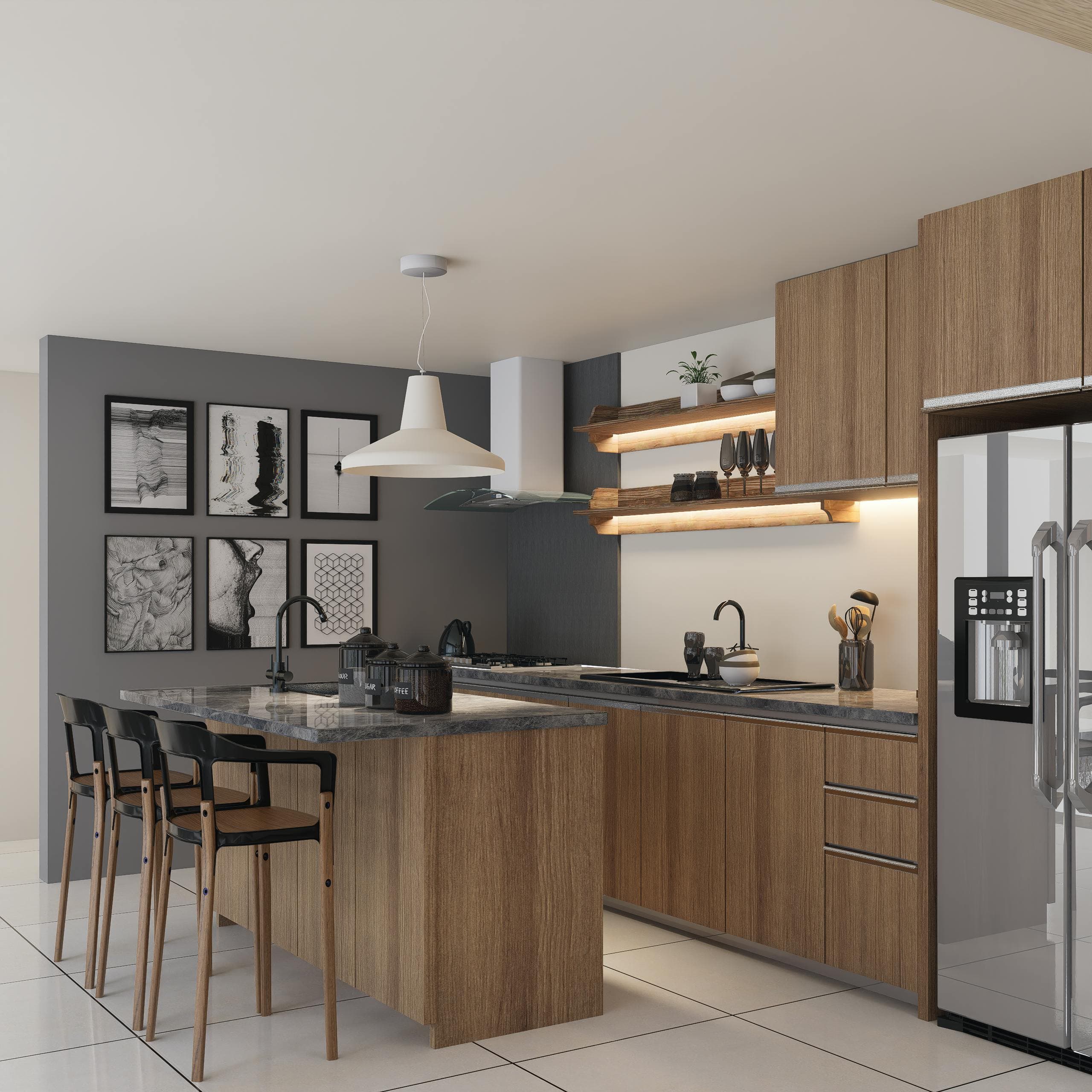 Cocina modular en L con desayunador moderno