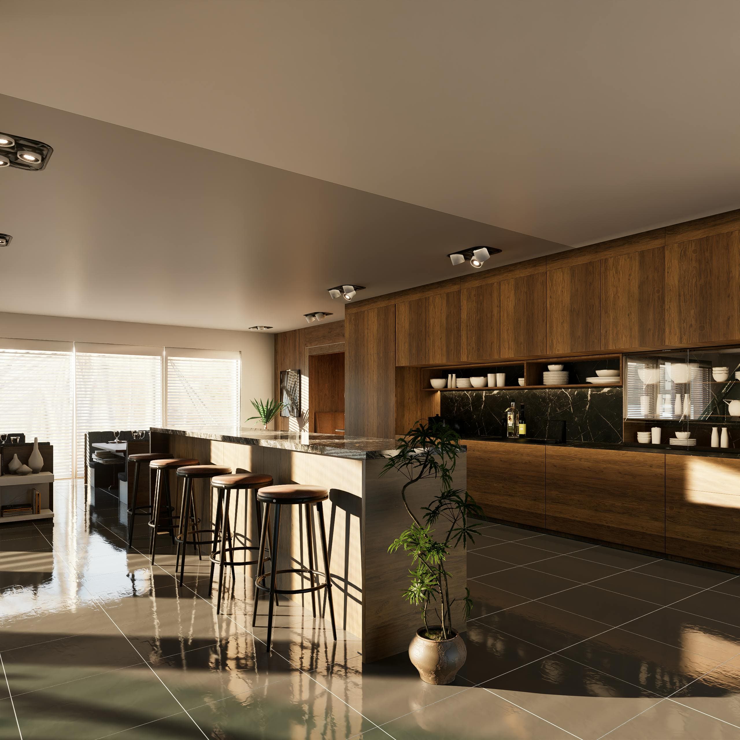 Cocina de madera oscura con gabinetes tipo Walnut